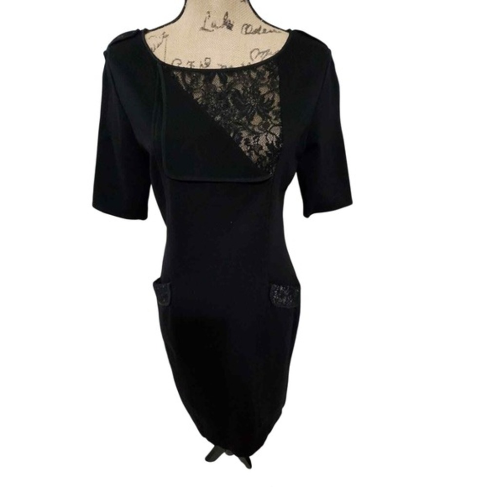 BCBGMAXAZRIA Black Lace Trim Sheath Dress Short Sleeve Side Zip‎ Pockets Large